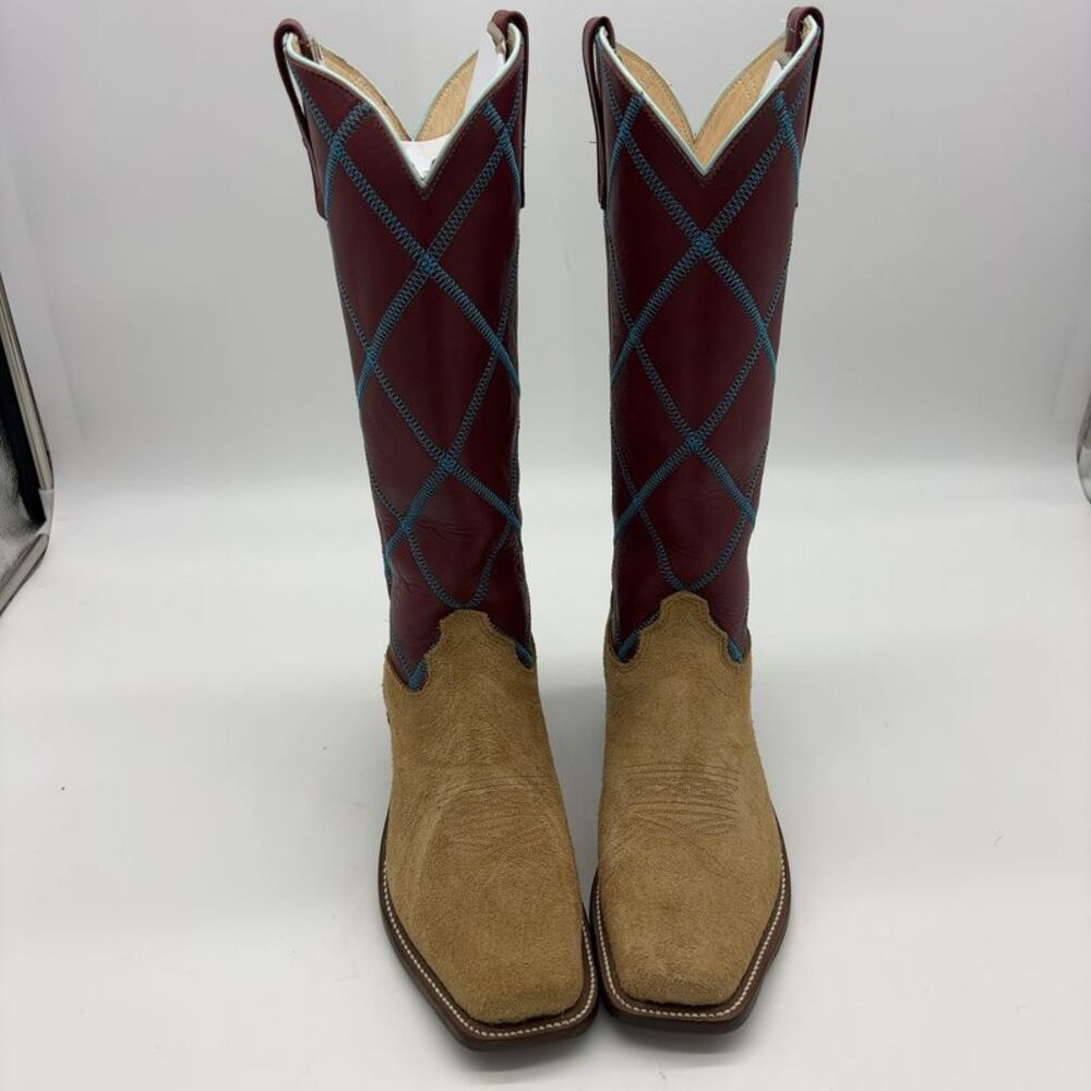Olathe Boot Co. Burgundy and Light Blue Diamond-stitched Western Boots